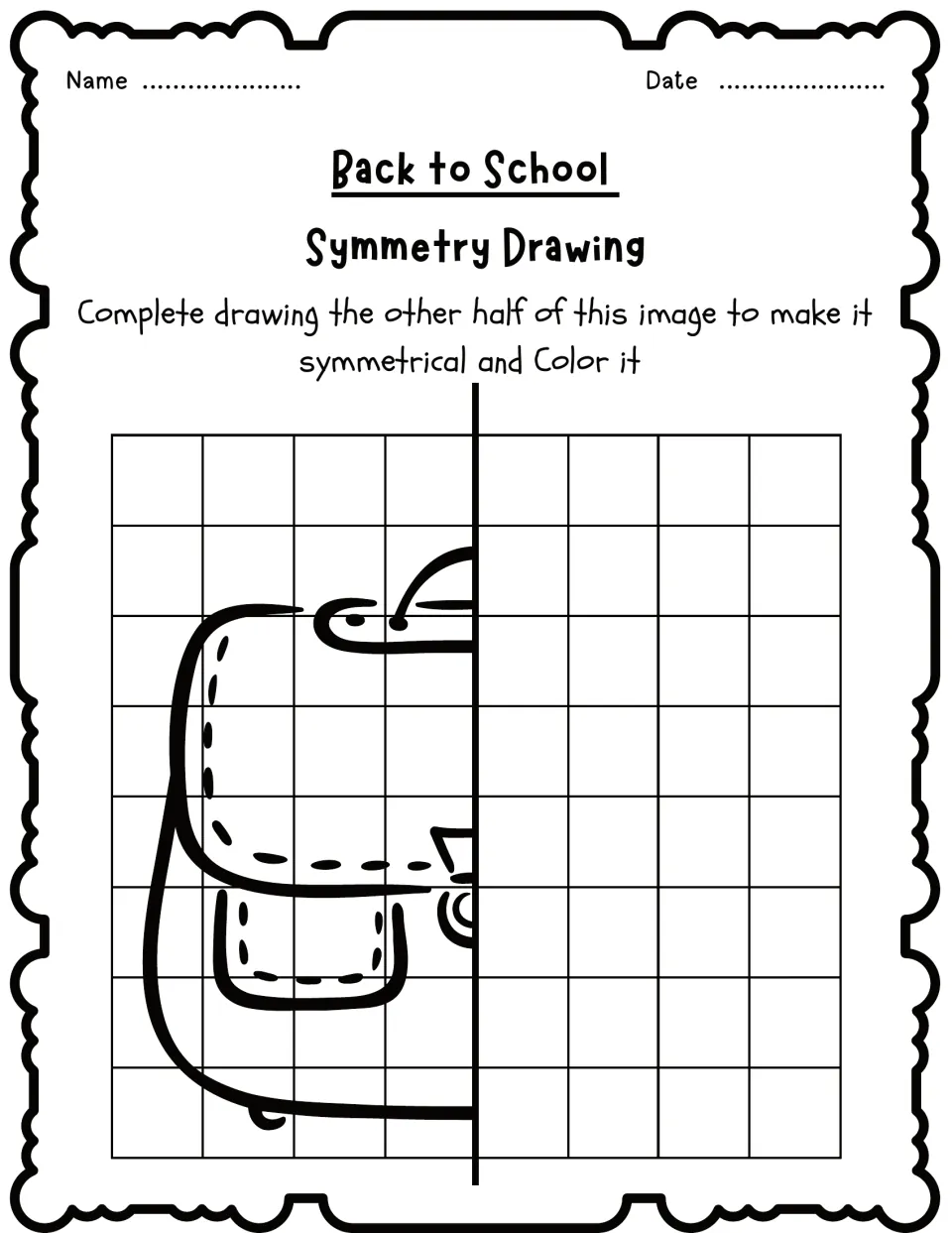Symmetry drawing activity 9: complete a schoolbag with a flap, handle, and front pocket, then color it