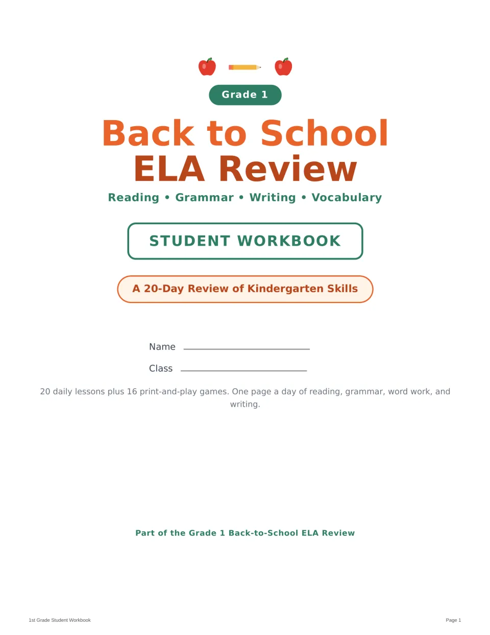 Student workbook cover for Grade 1 ELA review, identifying 20 daily lessons and 16 print-and-play games