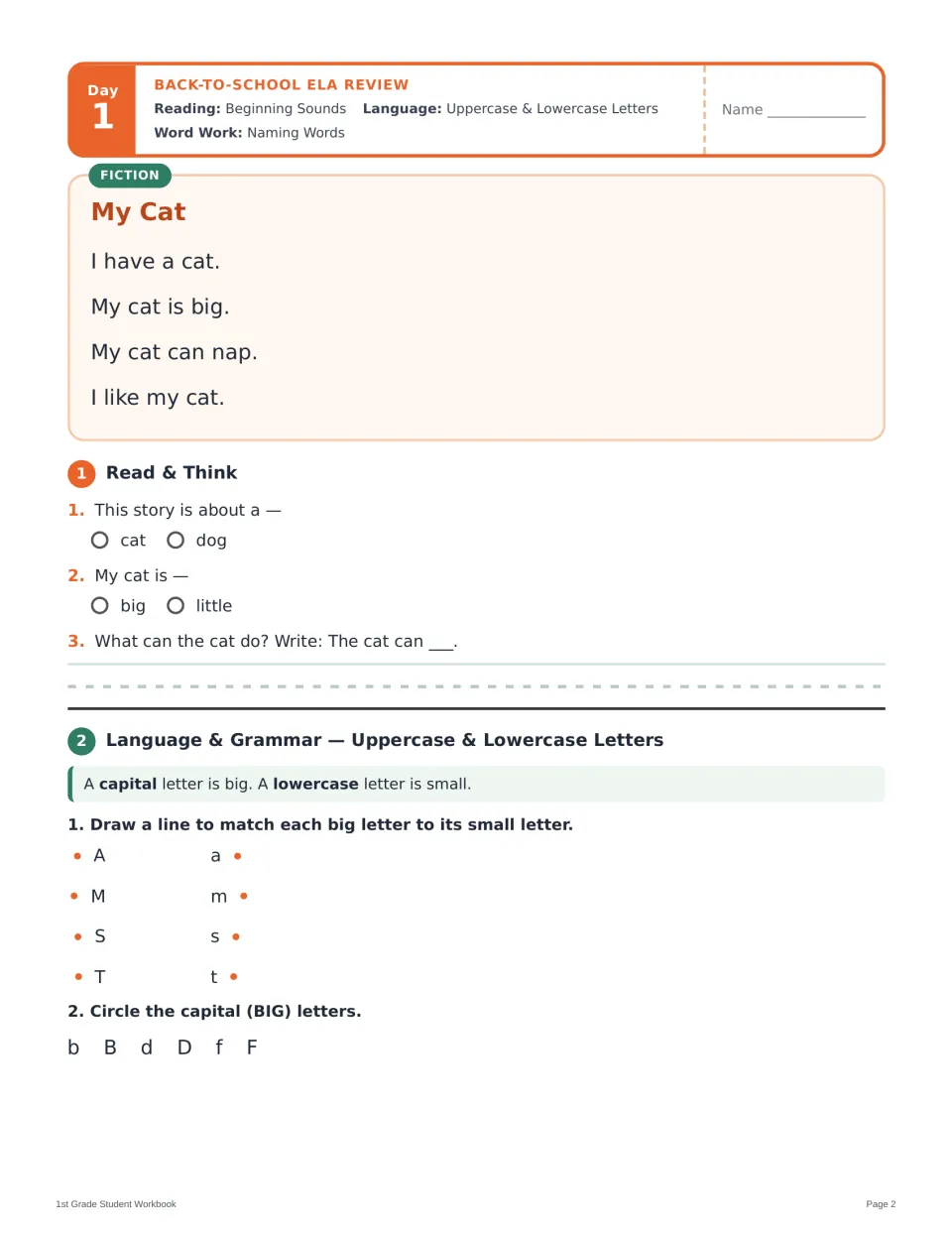 Day 1 lesson opening: 'My Cat' story, comprehension questions, and uppercase and lowercase letter practice