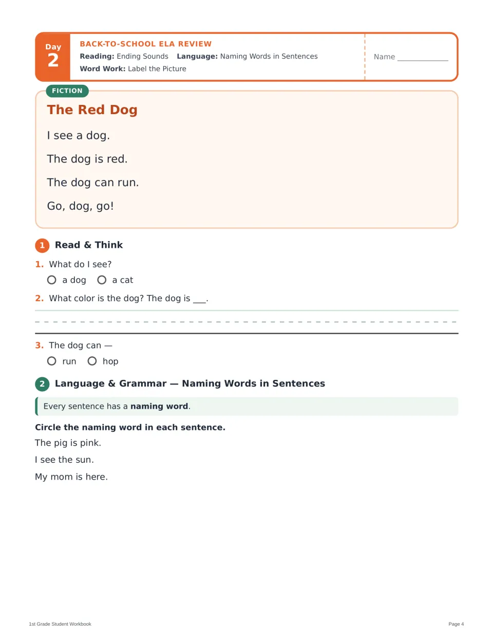 Day 2 lesson opening: 'The Red Dog' story, comprehension questions, and finding naming words in sentences