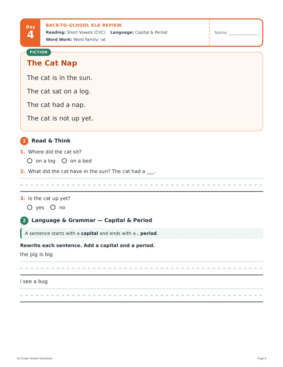 Day 4 lesson opening: 'The Cat Nap' story, comprehension questions, and rewriting sentences with capitals and periods