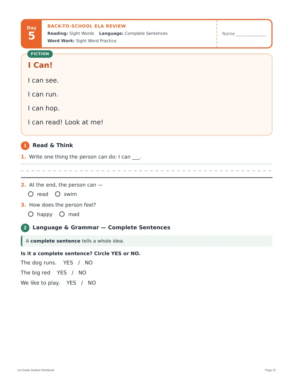 Day 5 lesson opening: 'I Can!' story, comprehension questions, and identifying complete sentences with yes or no