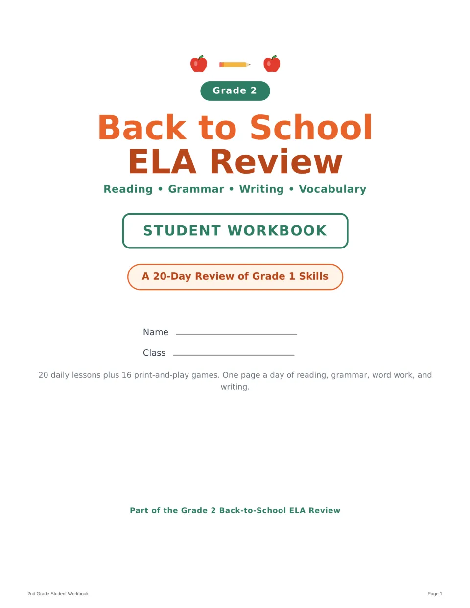 Student workbook cover for Grade 2 ELA review: 20 days of Grade 1 reading, grammar, writing, and vocabulary
