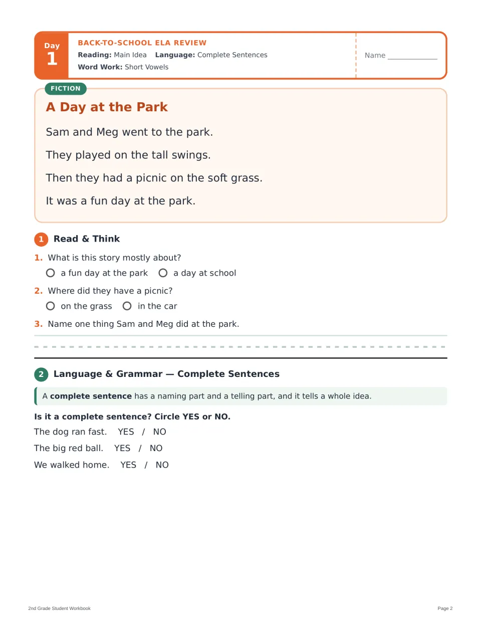 Day 1 reading and grammar: 'A Day at the Park,' main idea questions, and identifying complete sentences