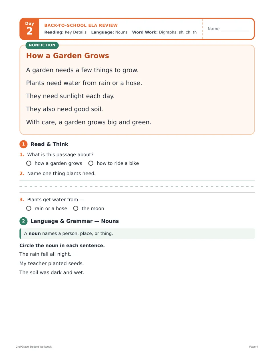 Day 2 reading and grammar: 'How a Garden Grows,' questions about plants' needs, and identifying nouns