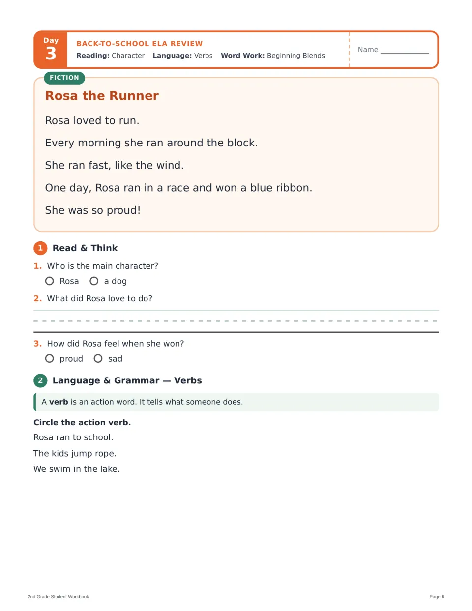 Day 3 reading and grammar: 'Rosa the Runner,' questions about the main character, and action verb practice