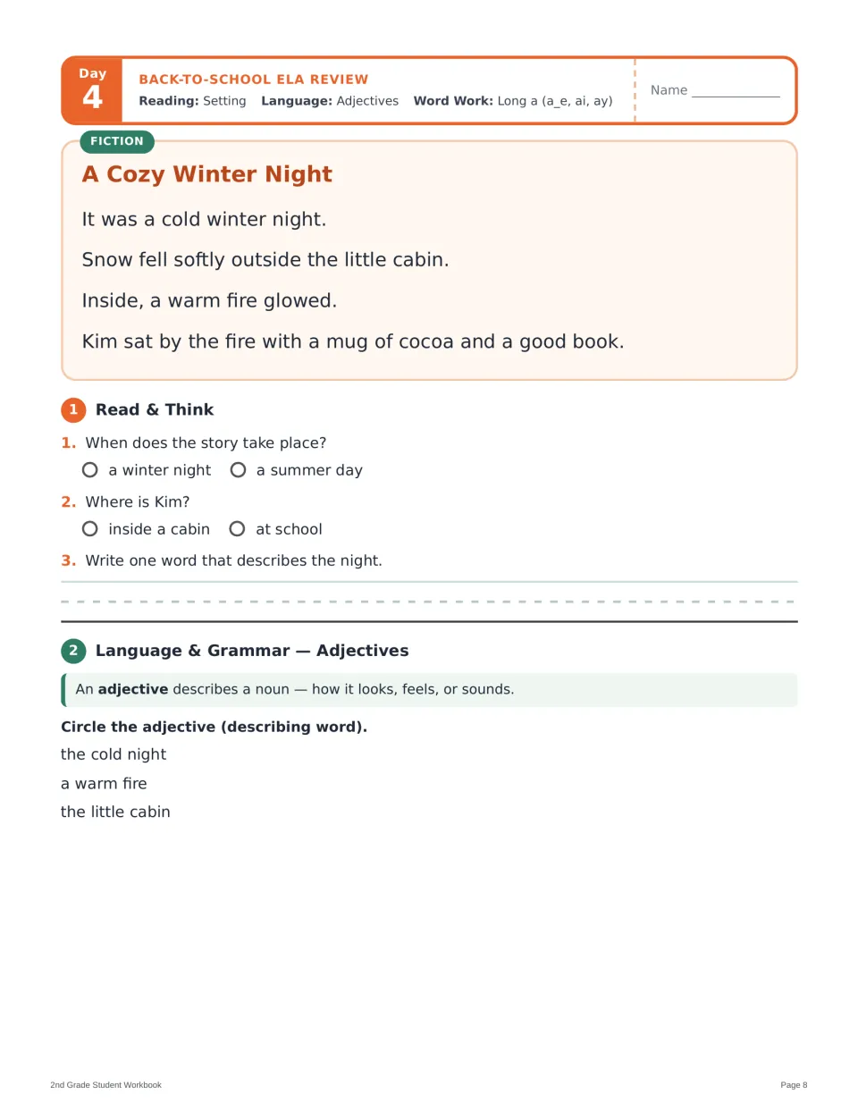 Day 4 reading and grammar: 'A Cozy Winter Night,' questions about the setting, and identifying adjectives
