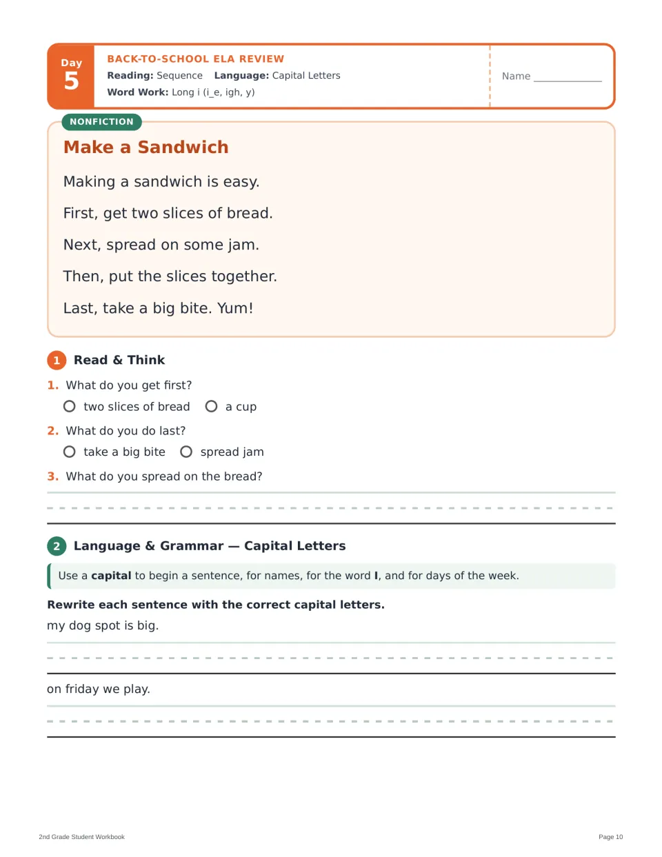 Day 5 reading and grammar: 'Make a Sandwich,' sequence questions, and rewriting sentences with capitals