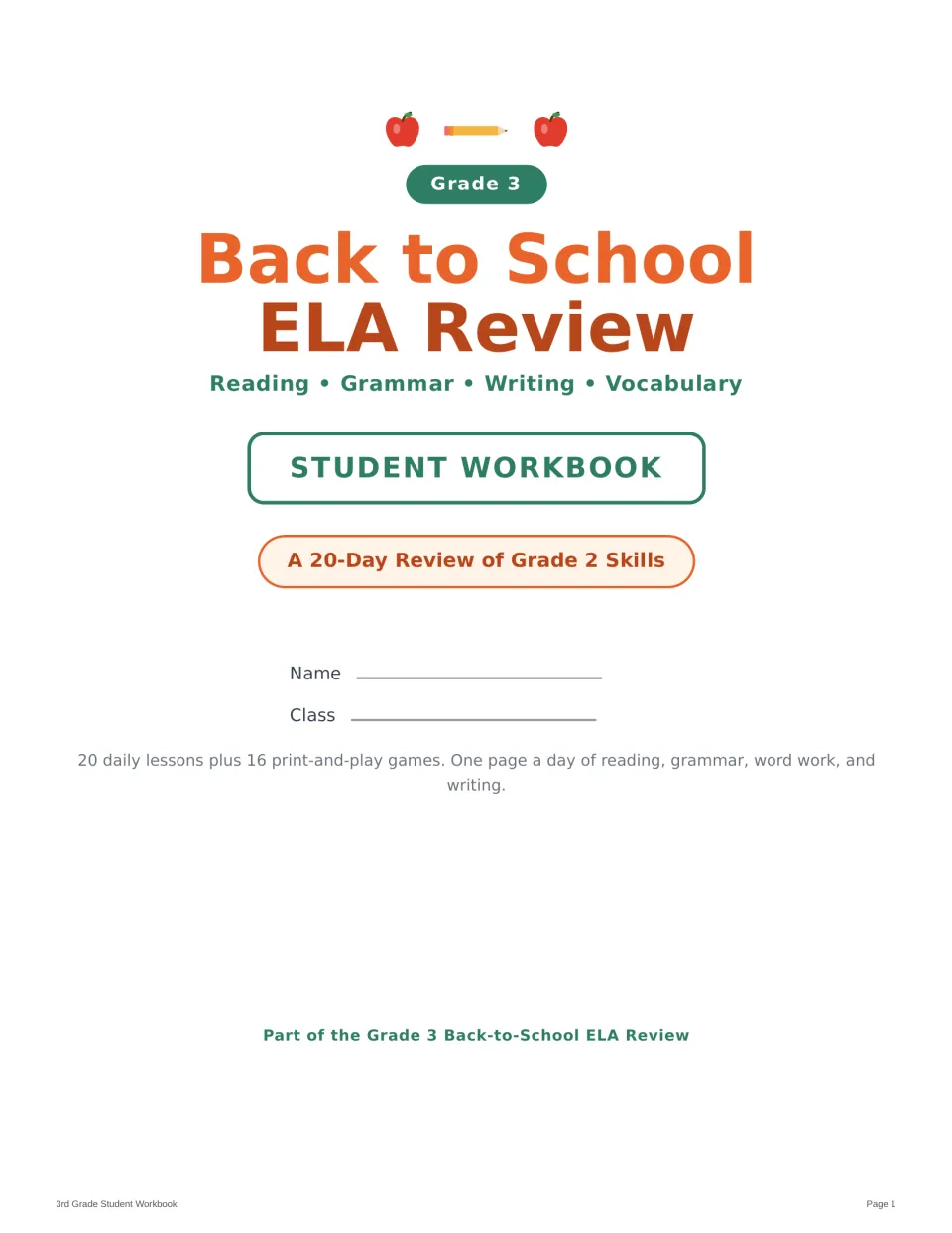 Back to School ELA Review workbook cover: a 20-day review of Grade 2 skills in reading, grammar, writing, vocabulary