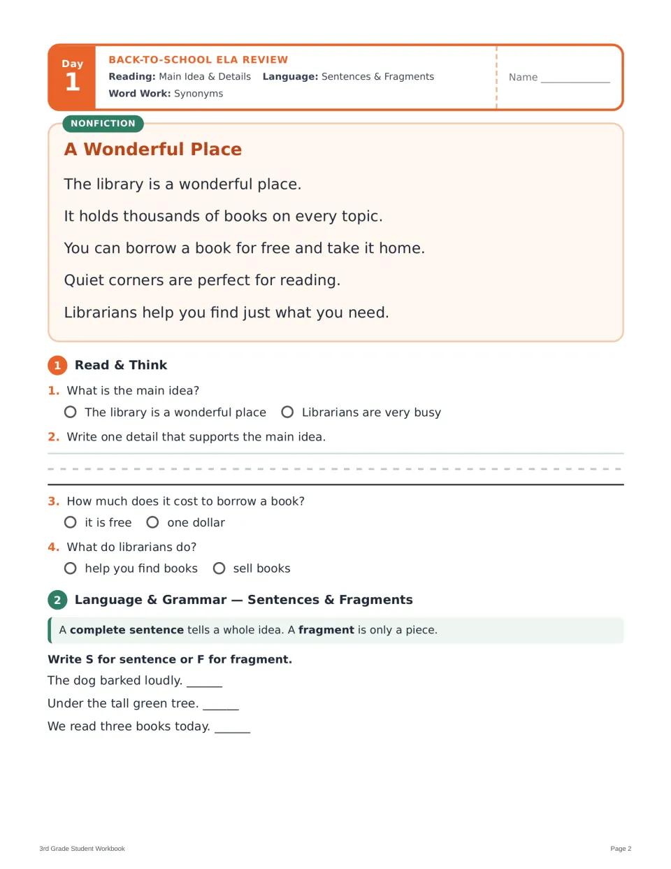 Day 1 library passage: students find the main idea and a detail, then mark each line a sentence or fragment
