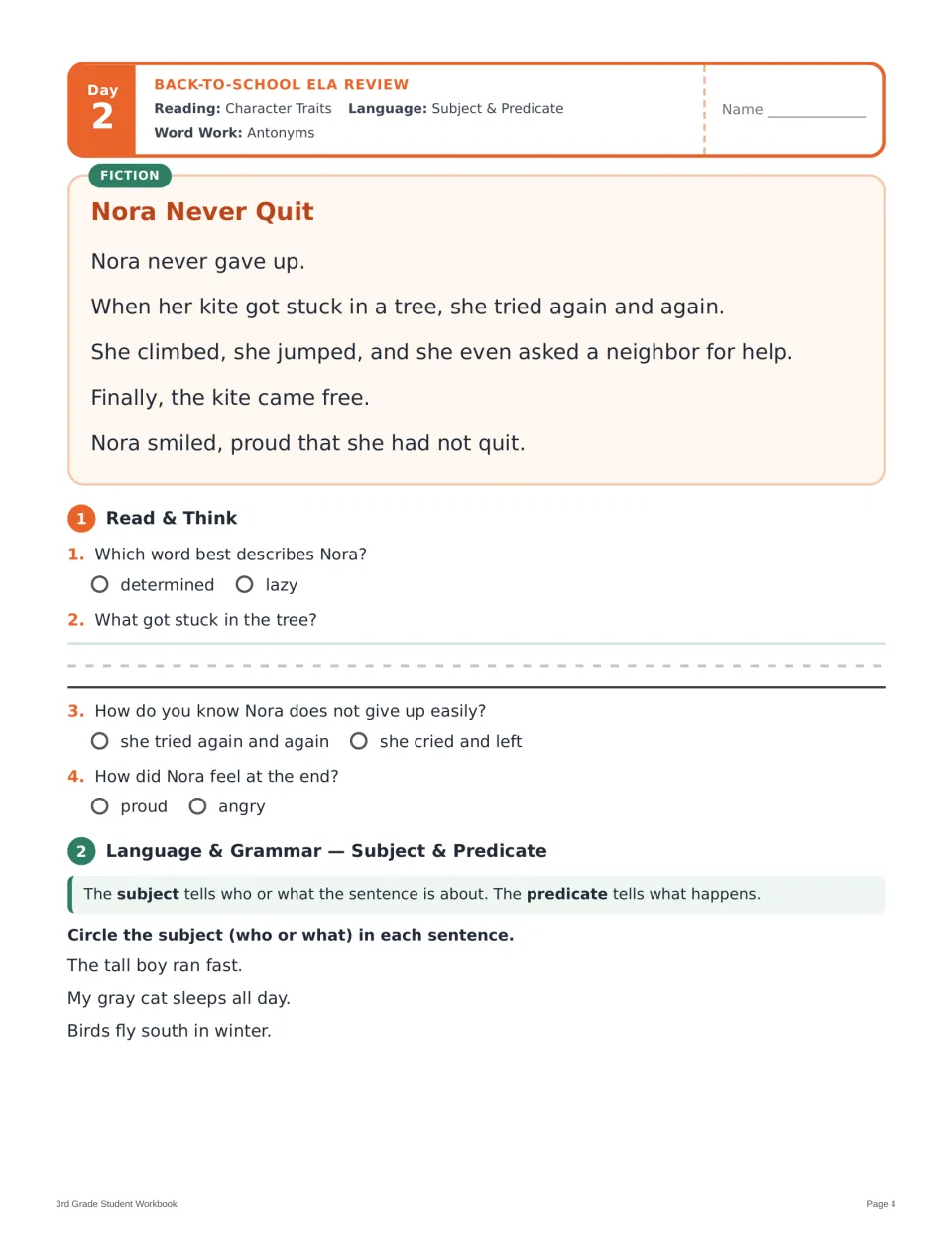 Day 2 story Nora Never Quit: students answer character trait questions, then circle the subject in three sentences