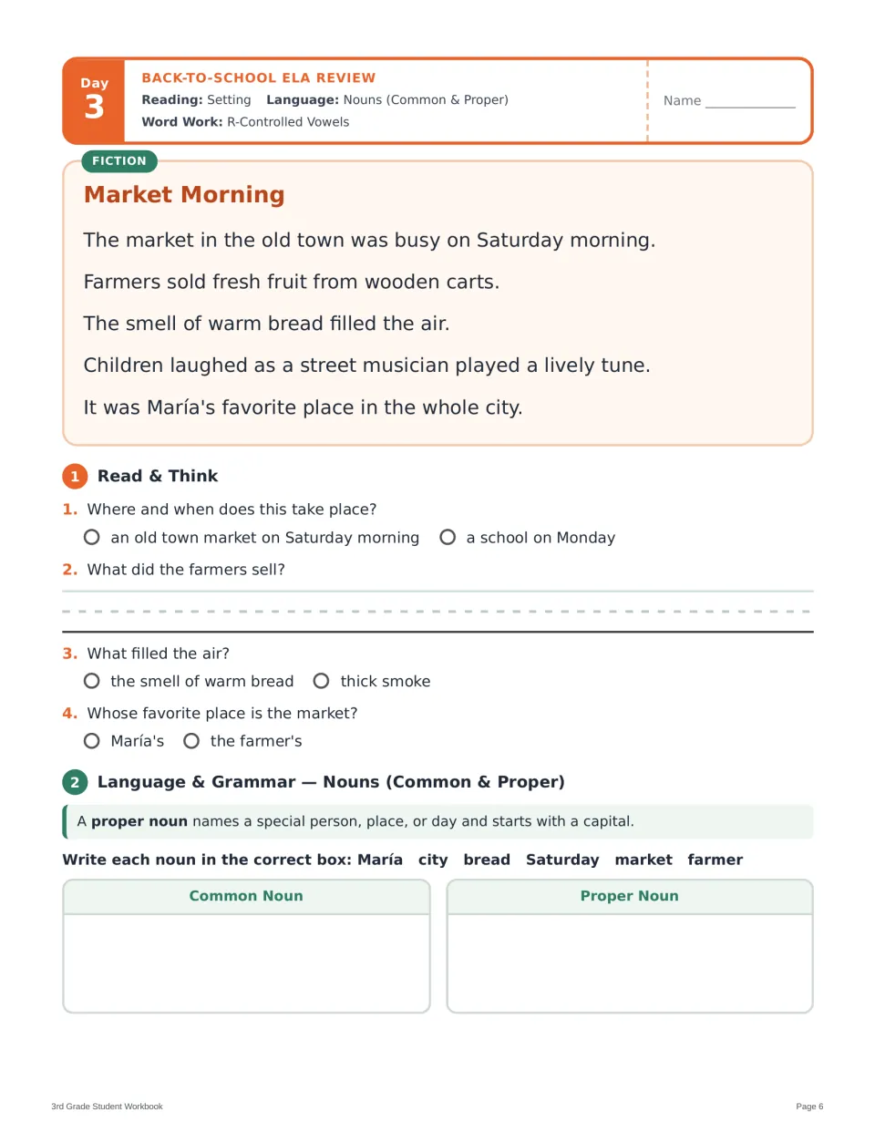 Day 3 story Market Morning: students identify the setting, then sort six nouns as common or proper
