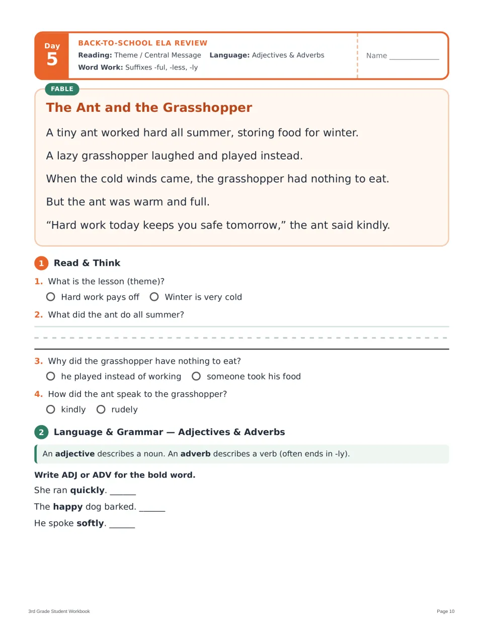 Day 5 fable The Ant and the Grasshopper: students find the theme, then label bold words as adjectives or adverbs