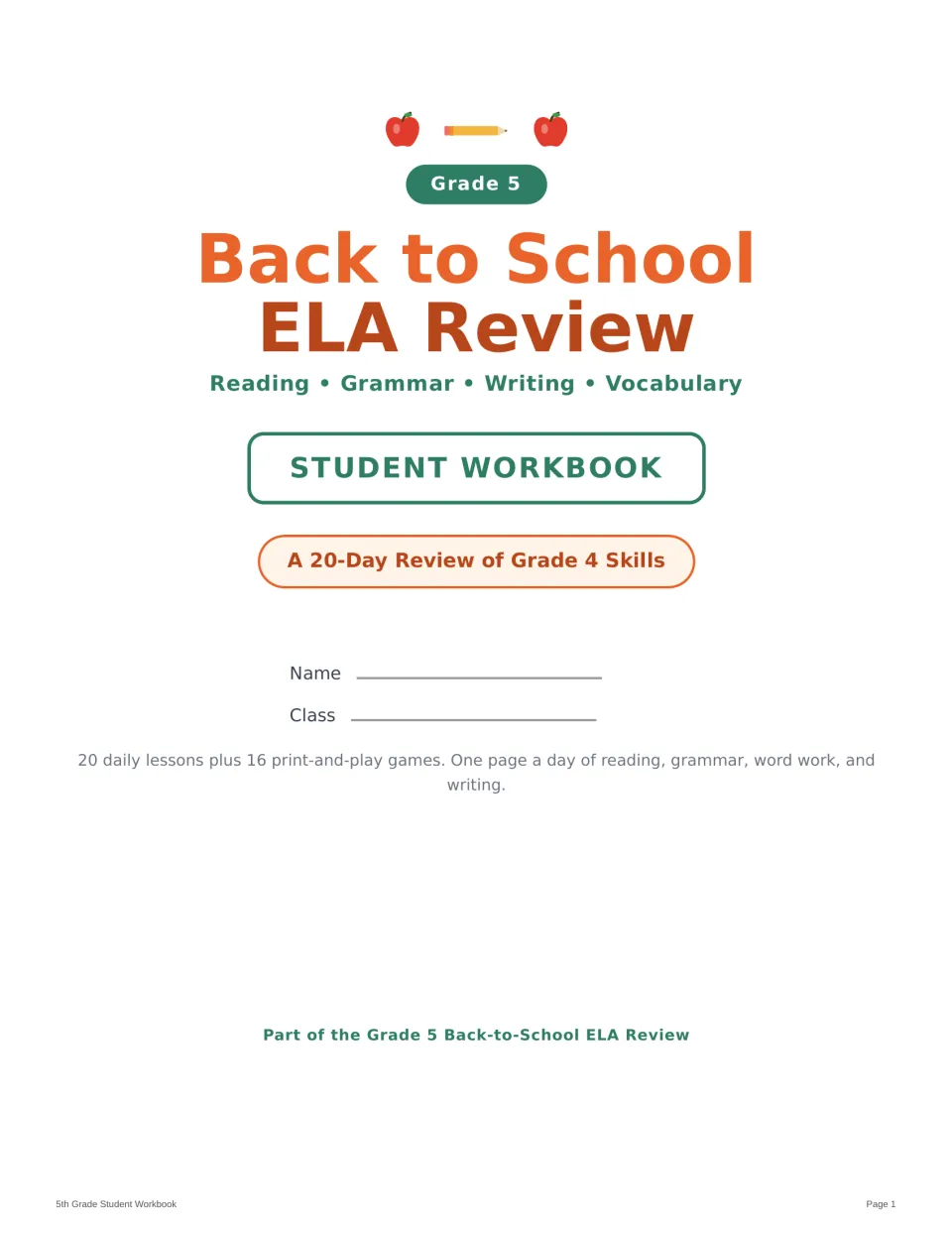 Student workbook cover for a 20-day Grade 4 skills review in reading, grammar, writing, and vocabulary