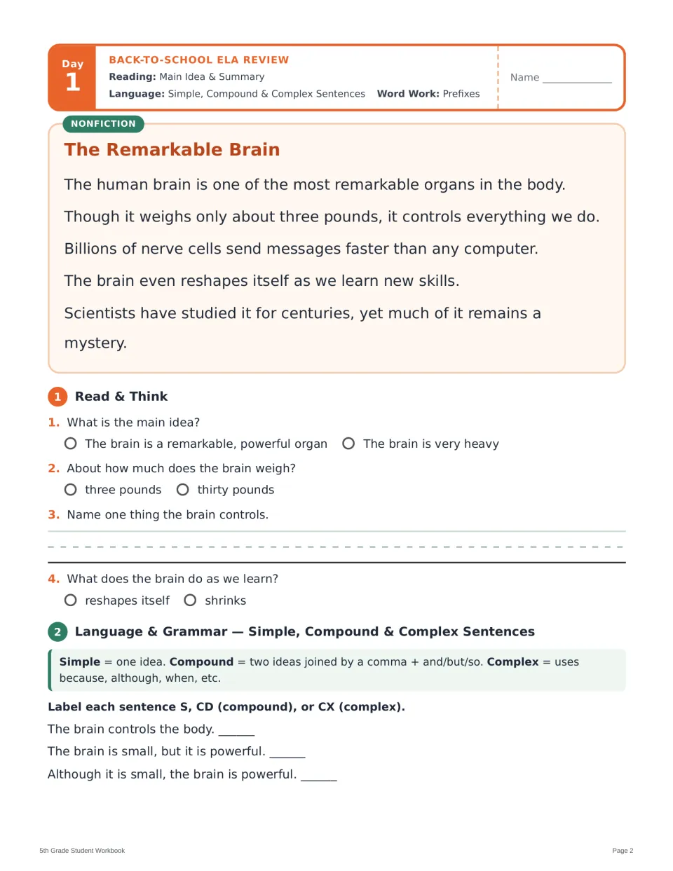 Day 1 reading and grammar: The Remarkable Brain, main idea questions, and three sentence types to label