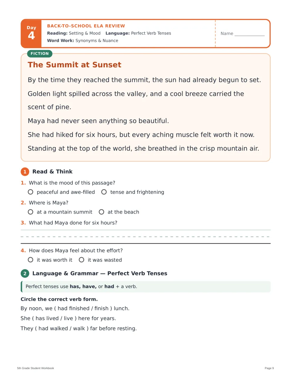 Day 4 reading and grammar: The Summit at Sunset, setting and mood questions, and perfect verb tense practice