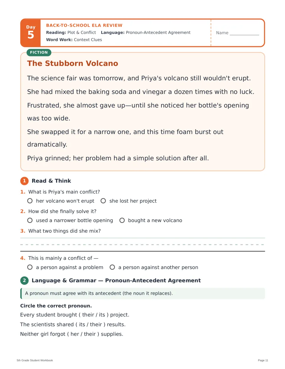 Day 5 reading and grammar: The Stubborn Volcano, questions about Priya's problem, and pronoun-antecedent agreement