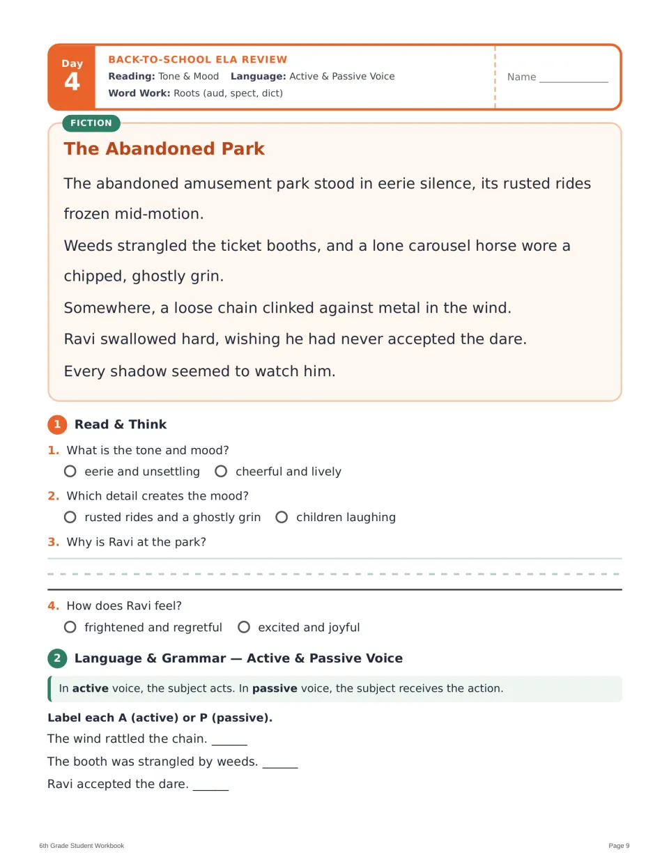 Day 4 reading and grammar: The Abandoned Park, tone and mood questions, and active and passive voice practice