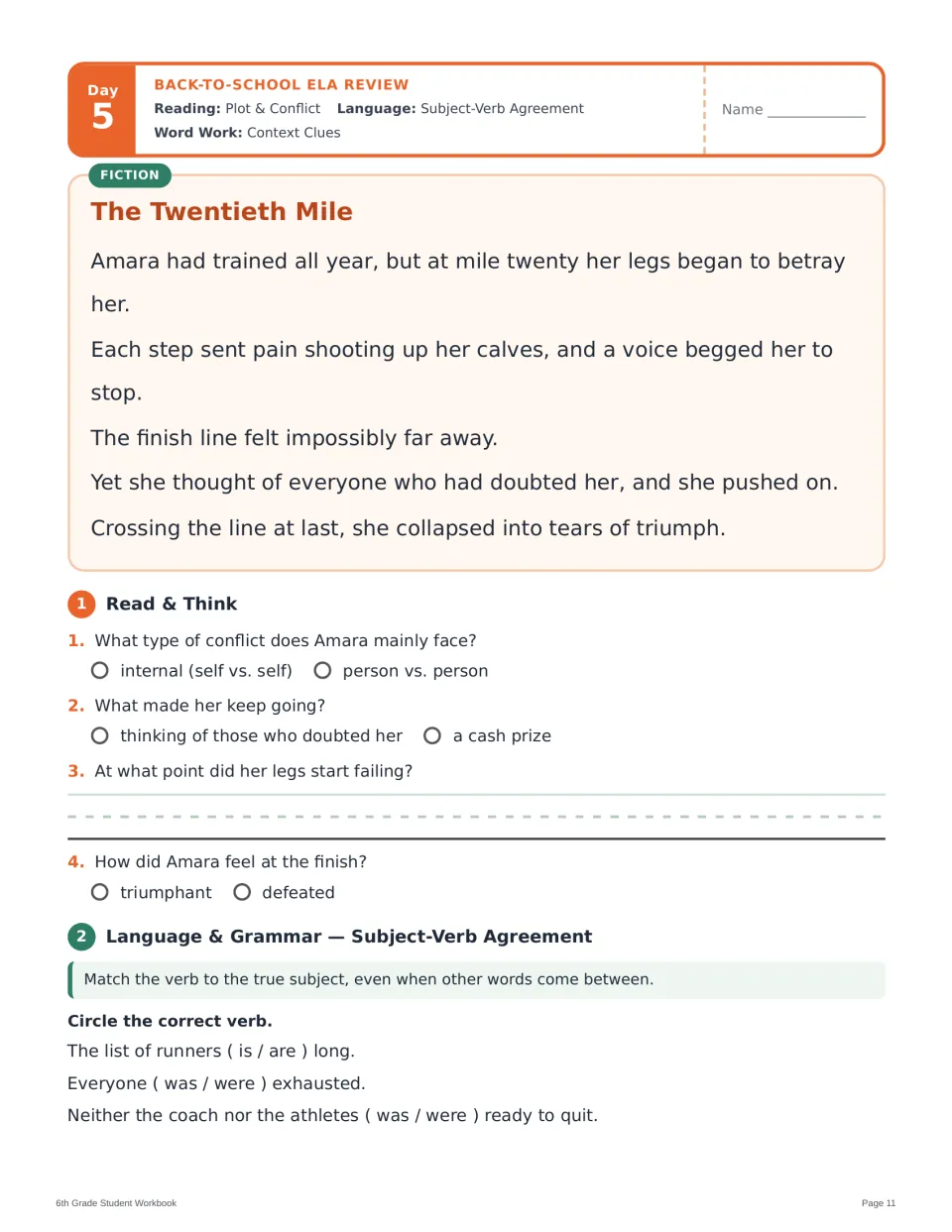Day 5 reading and grammar: The Twentieth Mile, questions about Amara's conflict, and subject-verb agreement