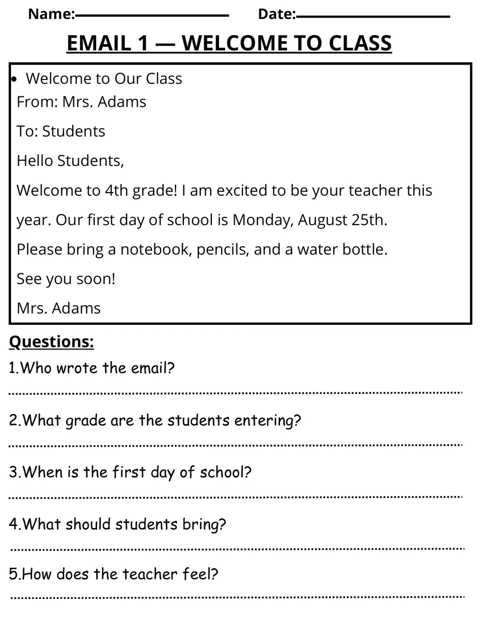 Email 1 reading activity: Mrs. Adams welcomes students to fourth grade, followed by five questions.