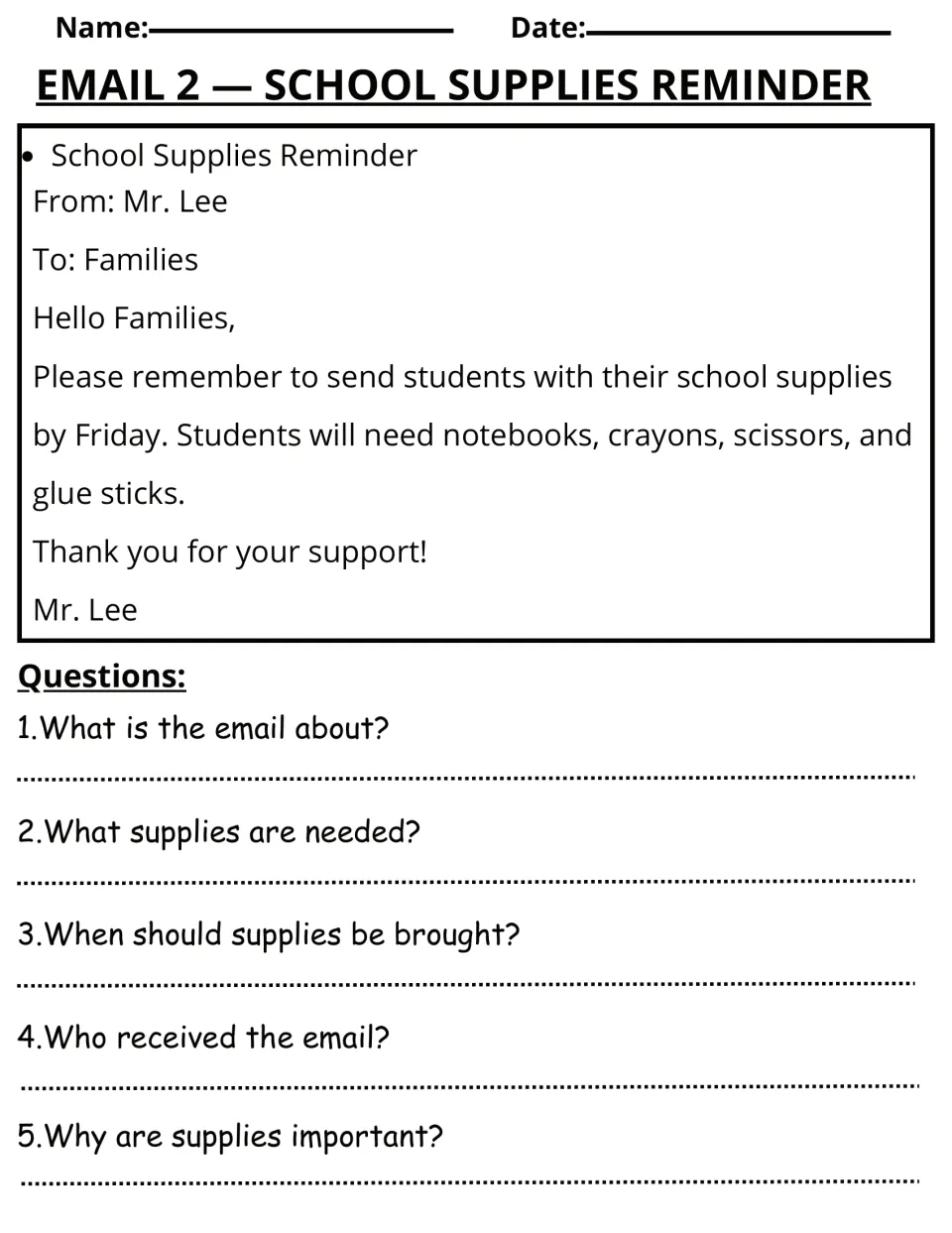 Email 2 reading activity: Mr. Lee reminds families to send school supplies by Friday, with five questions.