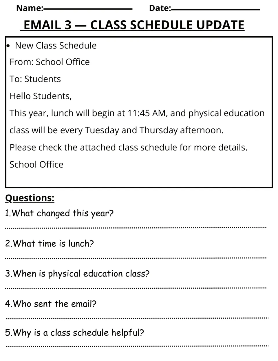 Email 3 reading activity: the school office announces lunch at 11:45 AM and PE days, with five questions.