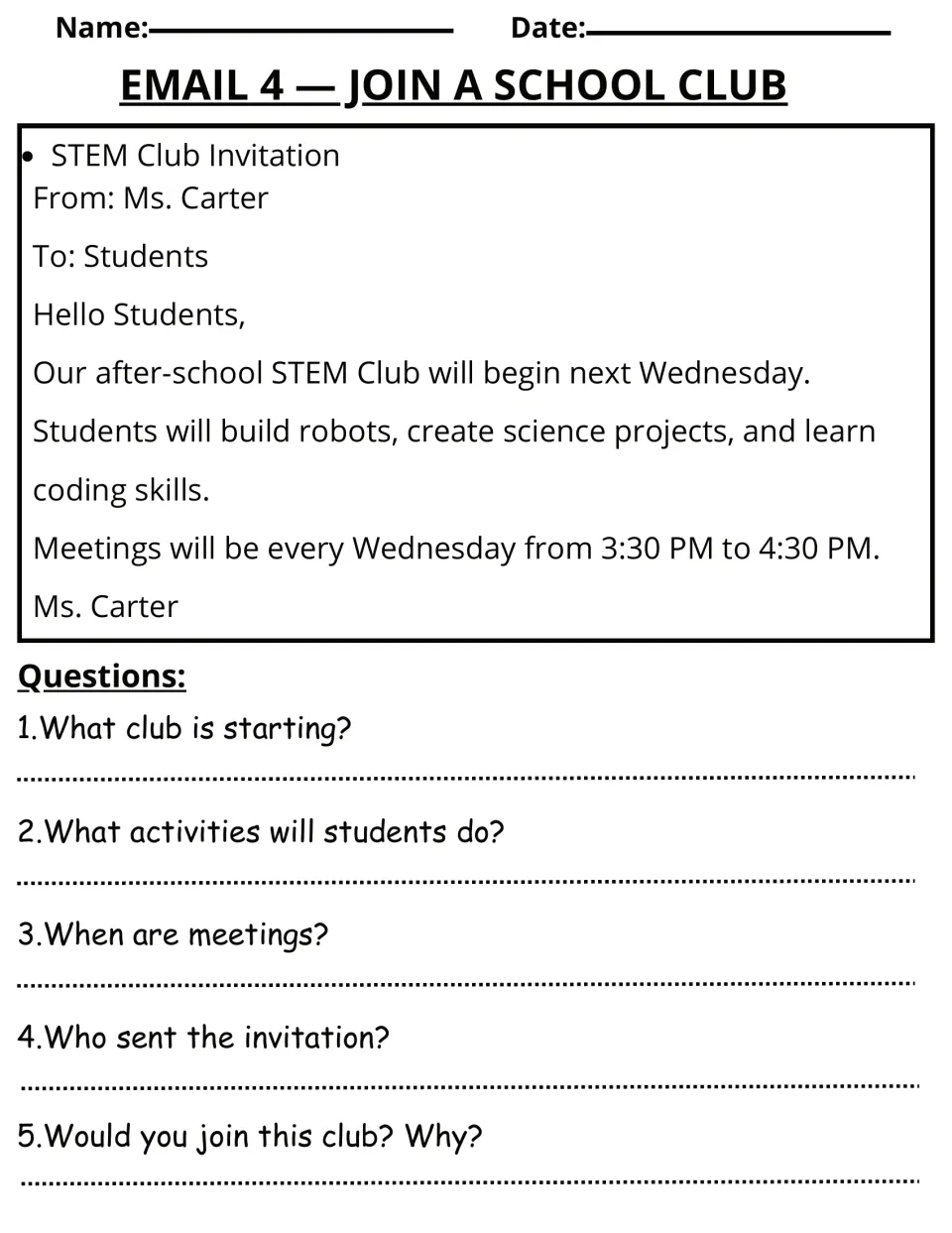 Email 4 reading activity: Ms. Carter invites students to a Wednesday STEM Club, with five questions.