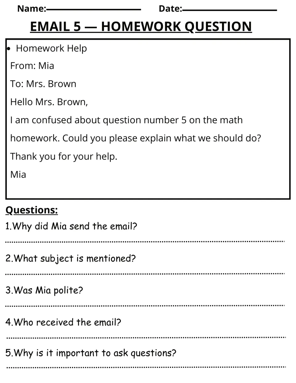 Email 5 reading activity: Mia asks Mrs. Brown for help with math homework question 5, with five questions.