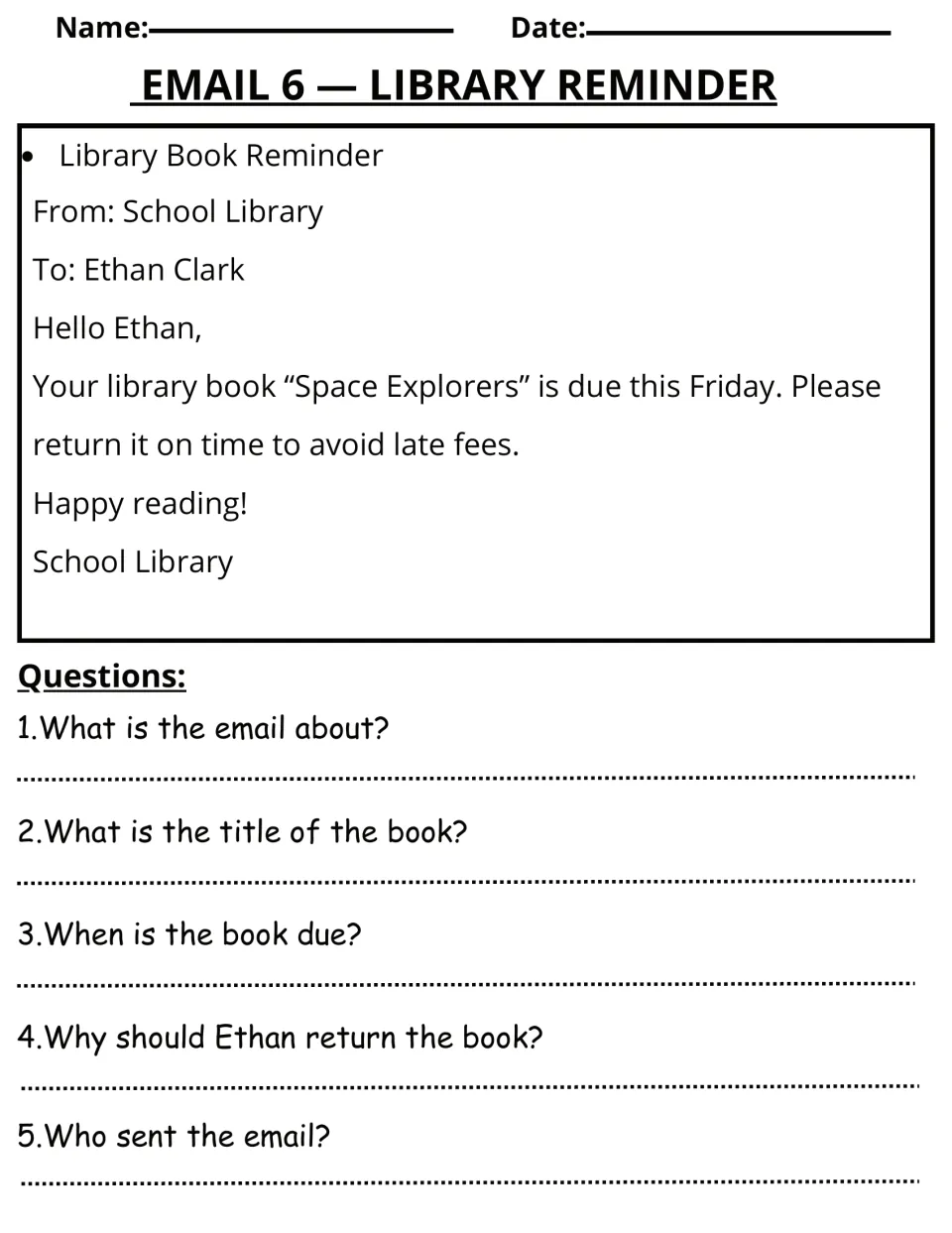 Email 6 reading activity: the library reminds Ethan that Space Explorers is due Friday, with five questions.