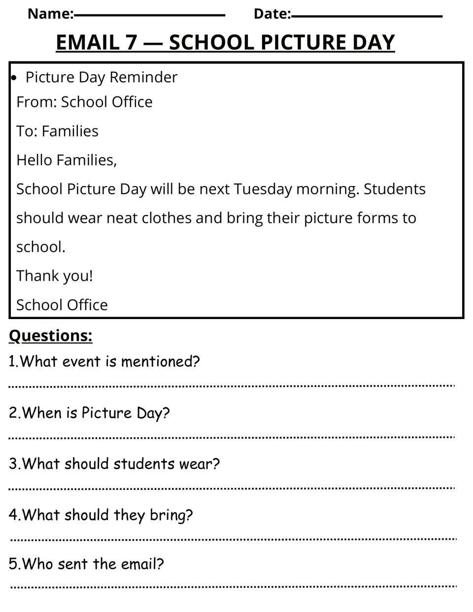 Email 7 reading activity: families receive a Picture Day reminder for Tuesday morning, with five questions.
