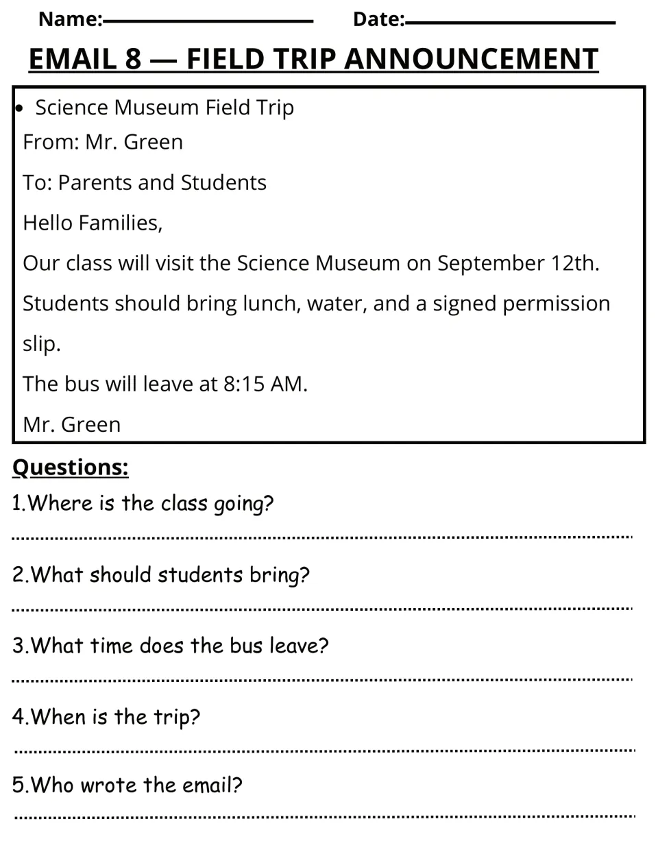 Email 8 reading activity: Mr. Green announces a Science Museum trip on September 12th, with five questions.
