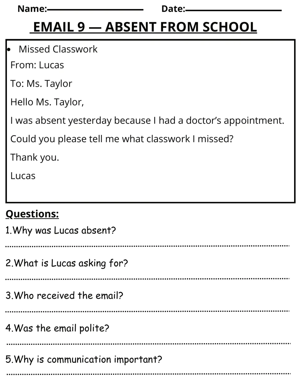 Email 9 reading activity: Lucas asks Ms. Taylor about classwork missed for a doctor's visit, with five questions.
