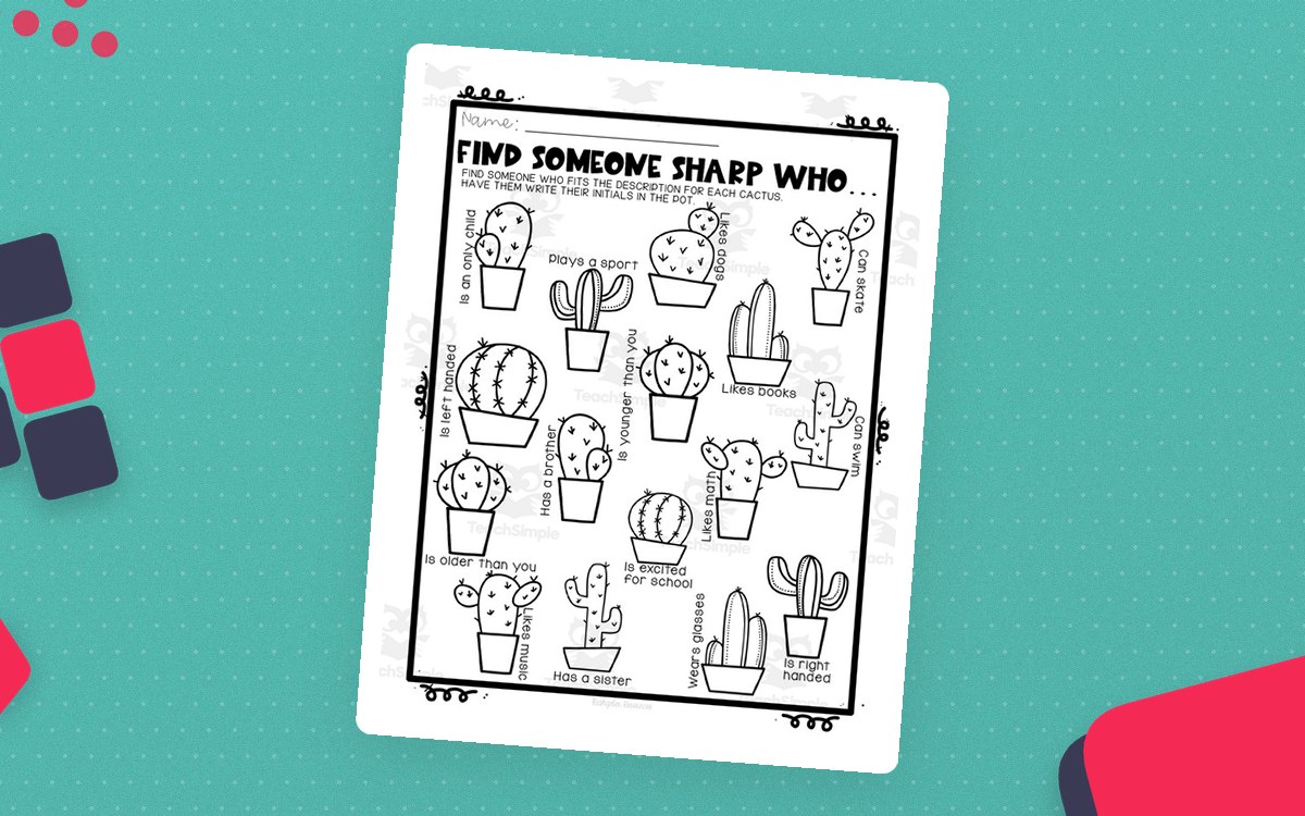 Back to School Find Someone Who worksheet with sixteen cactus-shaped classmate prompts
