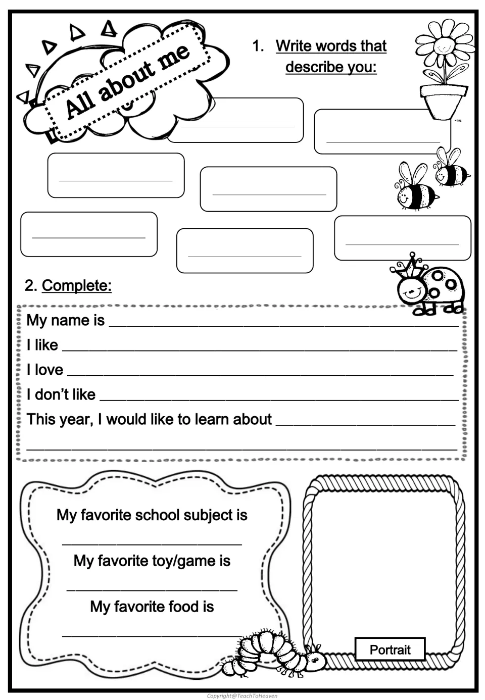 All about me: students write words that describe them, finish sentence starters, list favorites and draw a portrait