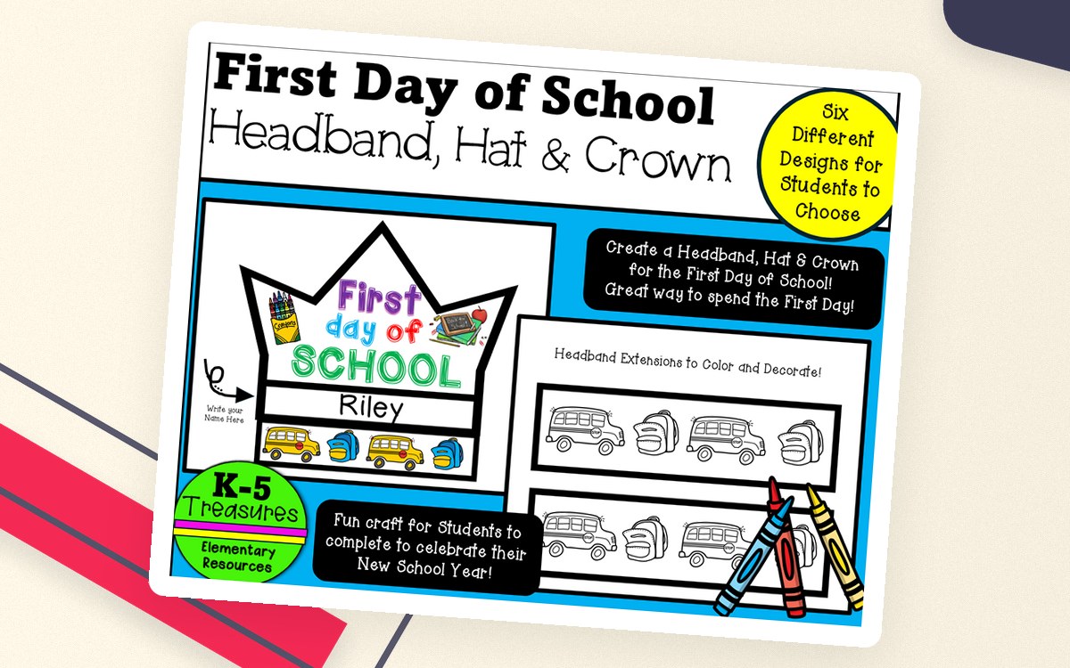 First Day of School Headband, Hat and Crown cover showing a school-themed front band, extension strips and six design choices.