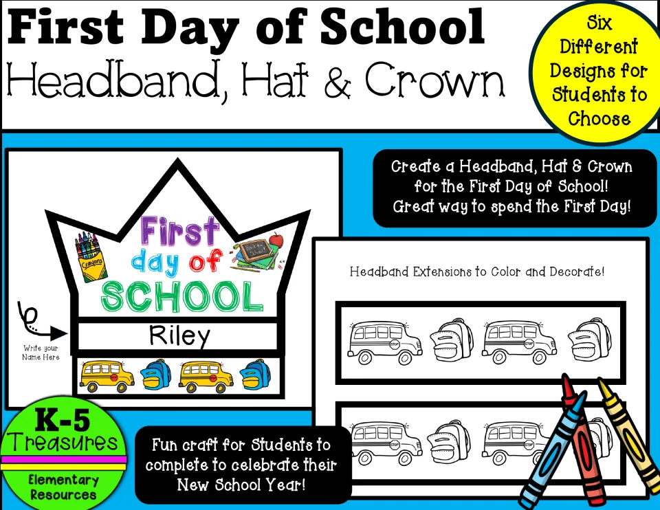 First Day of School headband, hat and crown craft cover showing a sample name crown and bus and backpack headband strips