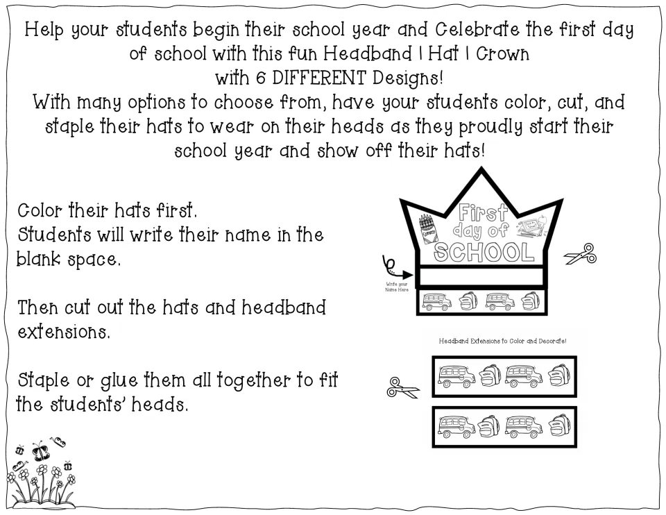 Teacher directions: students color the crown, write their name, cut out the hat and extensions, then staple or glue to fit