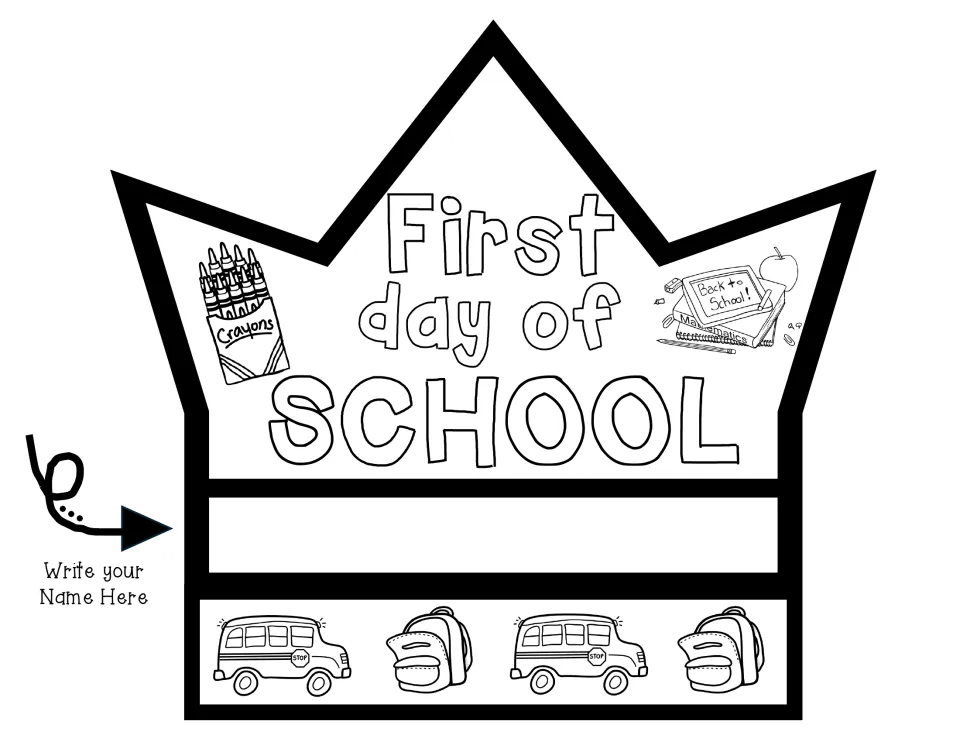 Crown template with crayons and Back to School! book clip art, a name line, and a school bus and backpack band to color