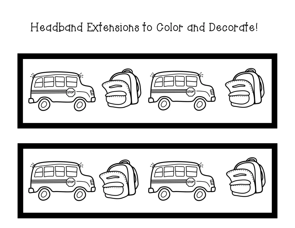 Headband extension strips to color: two strips of repeating school buses and backpacks to cut out and add to the crown