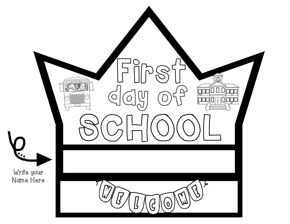 Crown template with a school bus and schoolhouse, a name line, and a WELCOME banner band for students to color