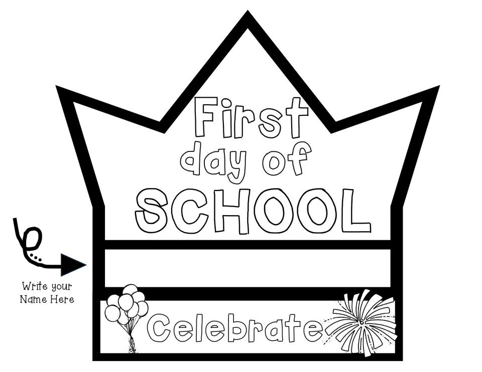 Crown template with a name line and a Celebrate band decorated with balloons and fireworks for students to color