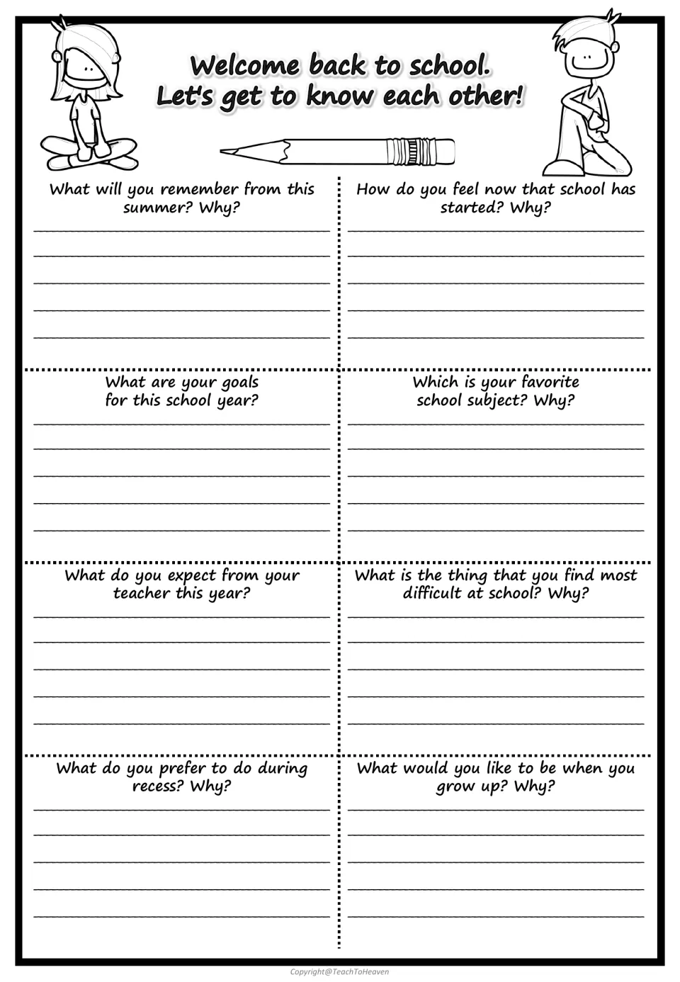 Welcome back to school questionnaire: students write answers to 8 prompts on summer, goals, favorite subject and recess