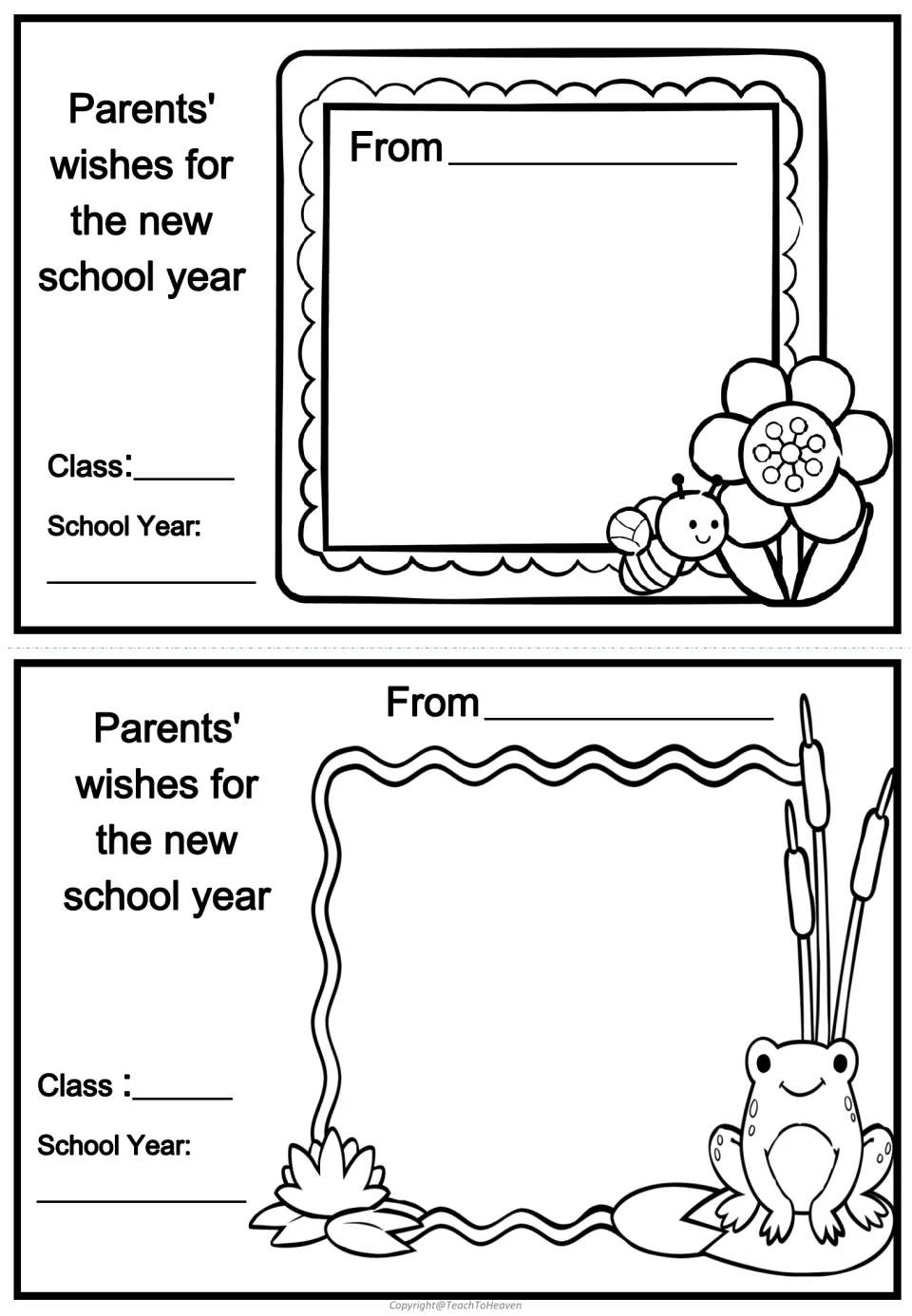 Parents' wishes for the new school year: two cards where parents write wishes, signing From, class and school year