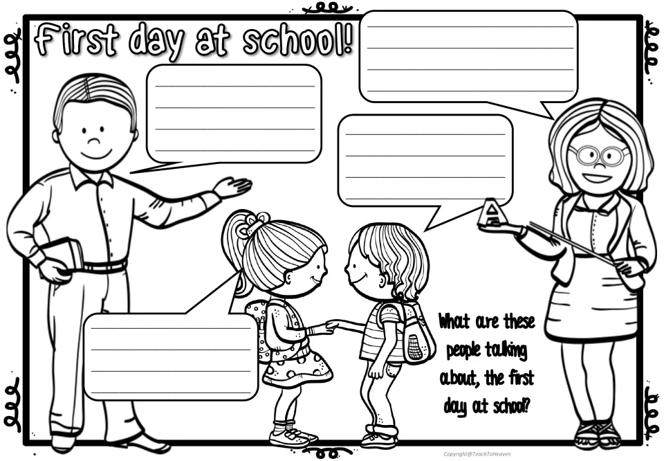 First day at school dialogue: students write what two children, a man and a teacher say in four speech bubbles