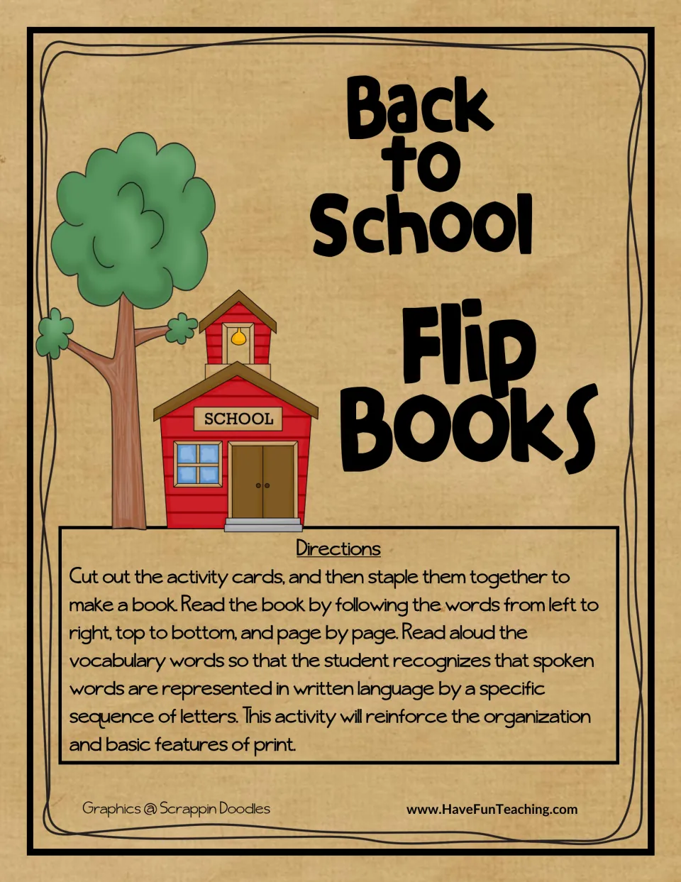 Back to School Flip Books cover with a red schoolhouse and directions to cut out, staple and read the cards