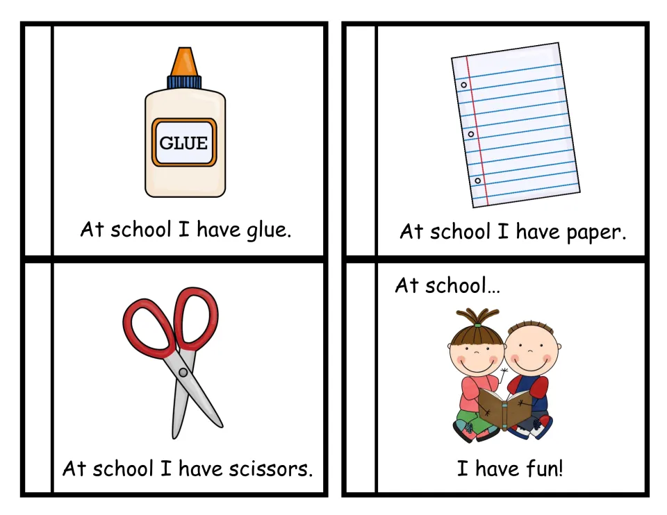Flip book cut-out pieces: 'At school I have' glue, paper and scissors, ending with two children reading 'I have fun!'
