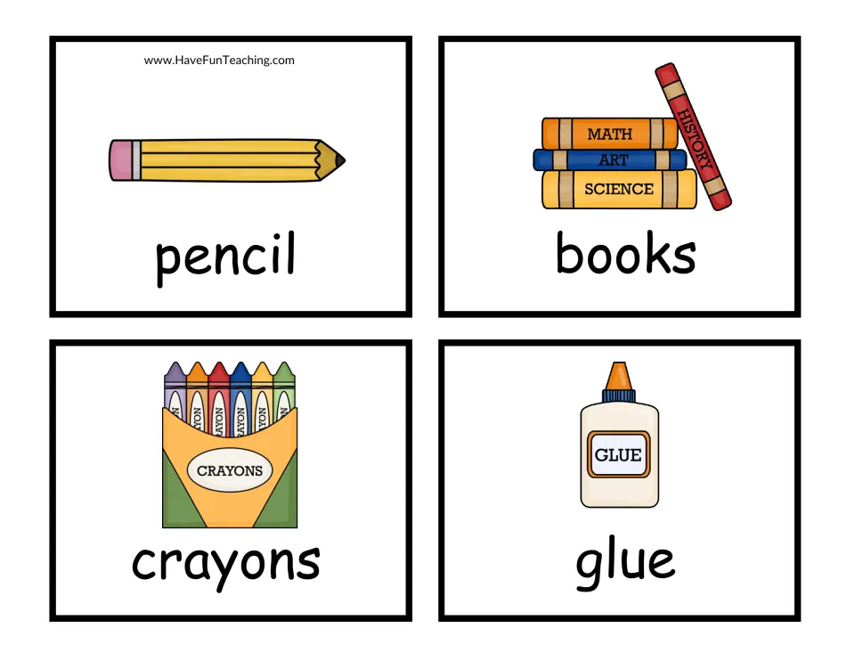 School supply vocabulary cards: pencil, books, crayons and glue, each word printed under its picture to read aloud