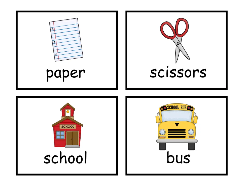 More school vocabulary cards: paper, scissors, school and bus, each word shown with its picture for word recognition
