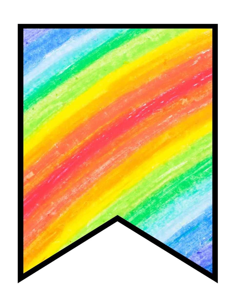 Blank rainbow pennant with no letter, filled with diagonal crayon-textured stripes of red, orange, yellow, green and blue