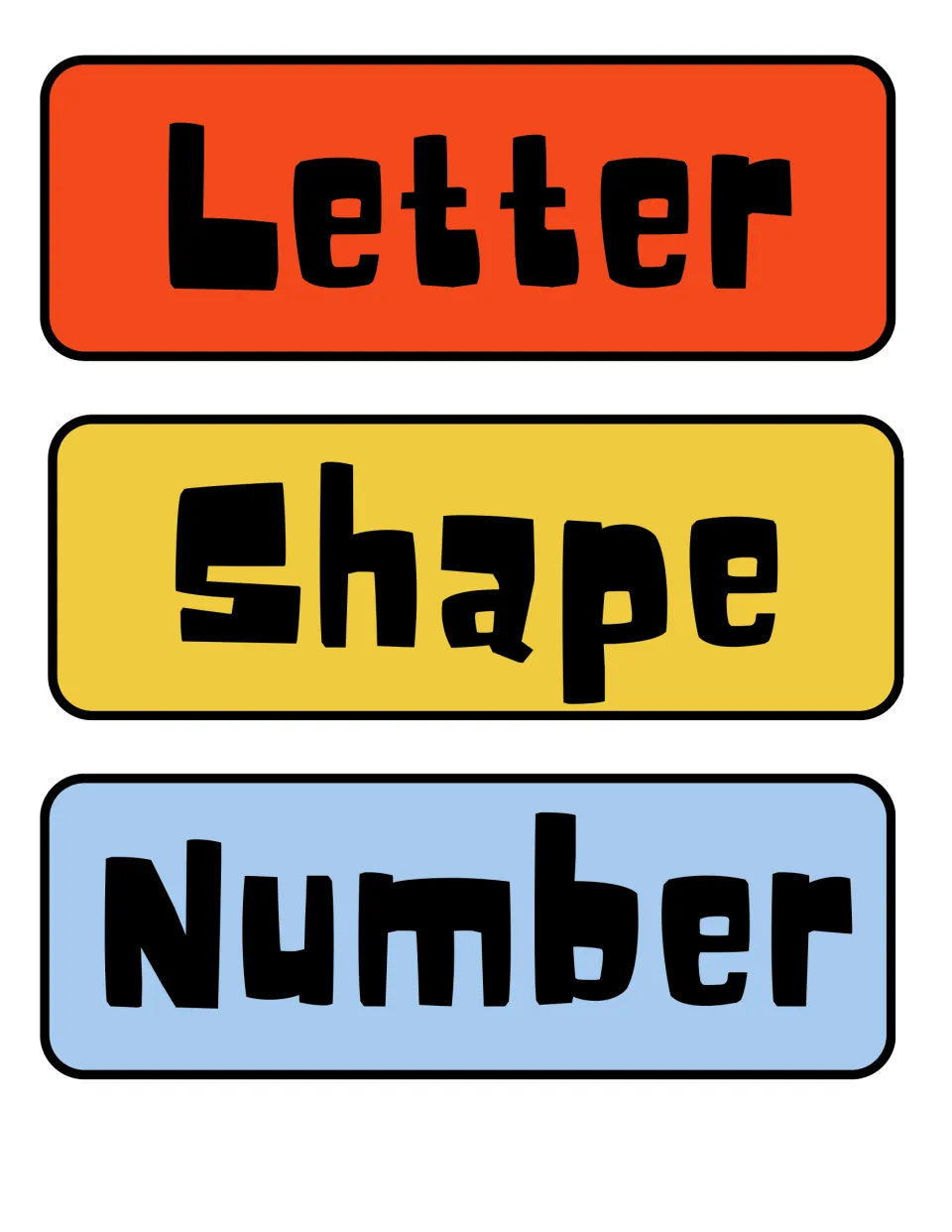 Focus wall header cards reading Letter, Shape and Number in bold black type on orange, yellow and light blue strips